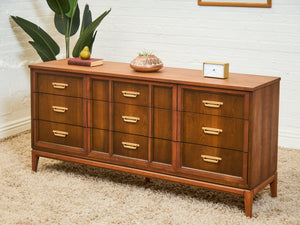 Mid-Century Walnut Long Dresser with Sculpted Details and Brass Pulls