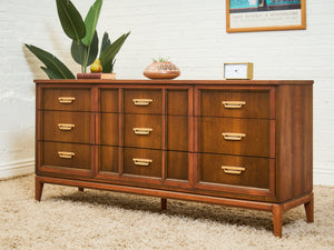 Mid-Century Walnut Long Dresser with Sculpted Details and Brass Pulls