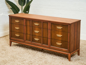 Mid-Century Walnut Long Dresser with Sculpted Details and Brass Pulls