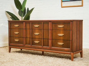 Mid-Century Walnut Long Dresser with Sculpted Details and Brass Pulls