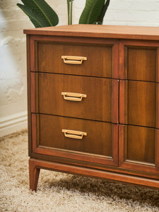 Mid-Century Walnut Long Dresser with Sculpted Details and Brass Pulls