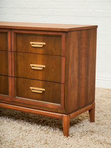 Mid-Century Walnut Long Dresser with Sculpted Details and Brass Pulls
