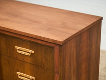 Load image into Gallery viewer, Mid-Century Walnut Long Dresser with Sculpted Details and Brass Pulls
