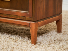 Load image into Gallery viewer, Mid-Century Walnut Long Dresser with Sculpted Details and Brass Pulls
