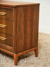 Load image into Gallery viewer, Mid-Century Walnut Long Dresser with Sculpted Details and Brass Pulls
