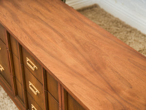 Mid-Century Walnut Long Dresser with Sculpted Details and Brass Pulls
