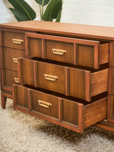 Load image into Gallery viewer, Mid-Century Walnut Long Dresser with Sculpted Details and Brass Pulls
