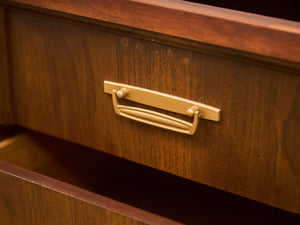 Mid-Century Walnut Long Dresser with Sculpted Details and Brass Pulls