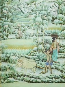 Framed Balinese Watercolor Painting of Rice Farmers on Silk