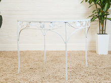 Load image into Gallery viewer, Vintage Wrought Iron Patio Dining Table with Leaf Motif Aqua Cushions and Glass Top
