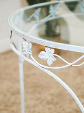 Load image into Gallery viewer, Vintage Wrought Iron Patio Dining Table with Leaf Motif Aqua Cushions and Glass Top
