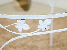 Load image into Gallery viewer, Vintage Wrought Iron Patio Dining Table with Leaf Motif Aqua Cushions and Glass Top
