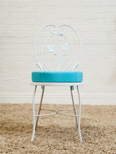 Load image into Gallery viewer, Vintage Wrought Iron Patio Dining Table with Leaf Motif Aqua Cushions and Glass Top
