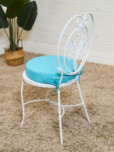 Load image into Gallery viewer, Vintage Wrought Iron Patio Dining Table with Leaf Motif Aqua Cushions and Glass Top
