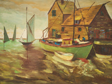 Load image into Gallery viewer, Harbor at Dusk Vintage Coastal Oil Painting
