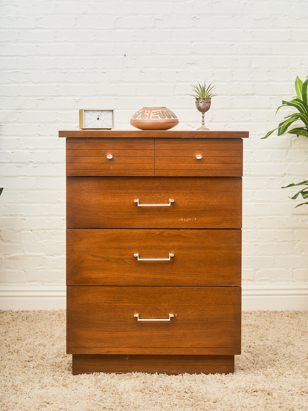 Mid-Century Walnut Tallboy Dresser with Chrome Pulls