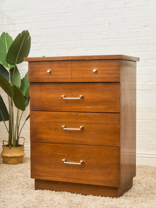 Mid-Century Walnut Tallboy Dresser with Chrome Pulls