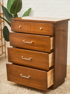 Mid-Century Walnut Tallboy Dresser with Chrome Pulls