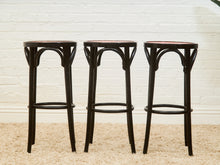 Load image into Gallery viewer, Rare set of 3 Black and Red Orange Thonet Stools

