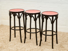 Load image into Gallery viewer, Rare set of 3 Black and Red Orange Thonet Stools
