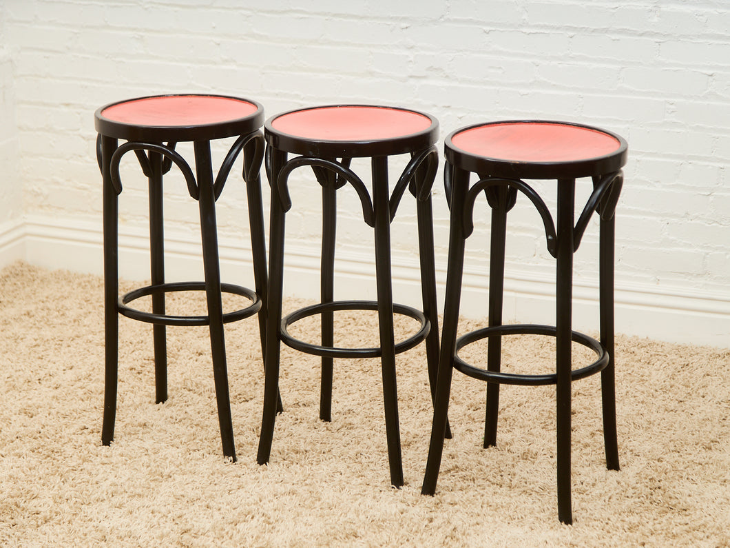 Rare set of 3 Black and Red Orange Thonet Stools