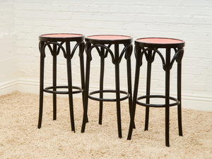 Rare set of 3 Black and Red Orange Thonet Stools
