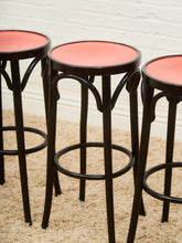 Load image into Gallery viewer, Rare set of 3 Black and Red Orange Thonet Stools
