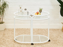 Load image into Gallery viewer, Post Modern Powder-Coated White Rolling Bar Cart with Glass Shelves
