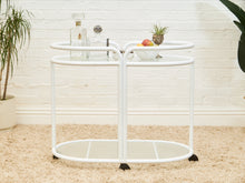 Load image into Gallery viewer, Post Modern Powder-Coated White Rolling Bar Cart with Glass Shelves
