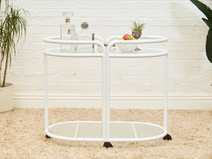 Post Modern Powder-Coated White Rolling Bar Cart with Glass Shelves