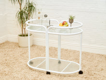 Load image into Gallery viewer, Post Modern Powder-Coated White Rolling Bar Cart with Glass Shelves
