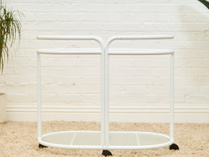 Post Modern Powder-Coated White Rolling Bar Cart with Glass Shelves