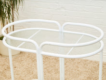 Load image into Gallery viewer, Post Modern Powder-Coated White Rolling Bar Cart with Glass Shelves
