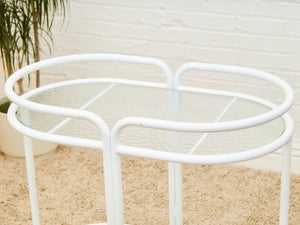 Post Modern Powder-Coated White Rolling Bar Cart with Glass Shelves