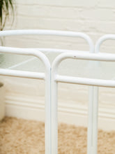 Load image into Gallery viewer, Post Modern Powder-Coated White Rolling Bar Cart with Glass Shelves
