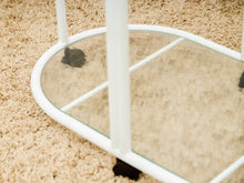 Load image into Gallery viewer, Post Modern Powder-Coated White Rolling Bar Cart with Glass Shelves
