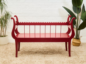 Red Lacquered Distressed Neoclassical Settee with Sculptural Silhouette
