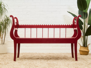 Red Lacquered Distressed Neoclassical Settee with Sculptural Silhouette