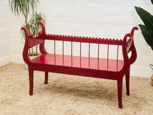 Red Lacquered Distressed Neoclassical Settee with Sculptural Silhouette