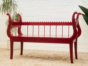 Red Lacquered Distressed Neoclassical Settee with Sculptural Silhouette