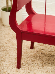 Red Lacquered Distressed Neoclassical Settee with Sculptural Silhouette