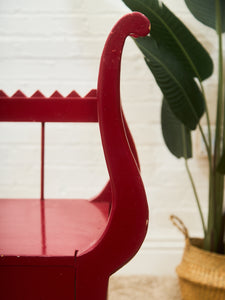 Red Lacquered Distressed Neoclassical Settee with Sculptural Silhouette