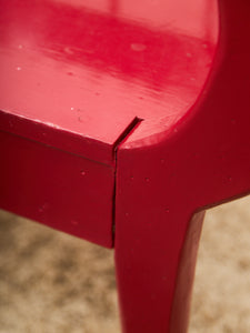 Red Lacquered Distressed Neoclassical Settee with Sculptural Silhouette