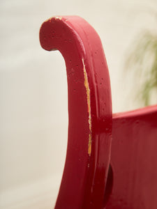 Red Lacquered Distressed Neoclassical Settee with Sculptural Silhouette