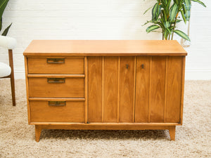 Blonde Pecan Mid-Century Modern Buffet with 3 drawers and Cabinet Storage