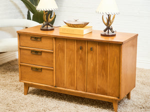 Blonde Pecan Mid-Century Modern Buffet with 3 drawers and Cabinet Storage