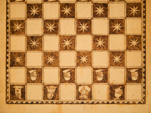 Load image into Gallery viewer, Vintage Handcrafted Wooden Chessboard with Medieval-Themed Designs
