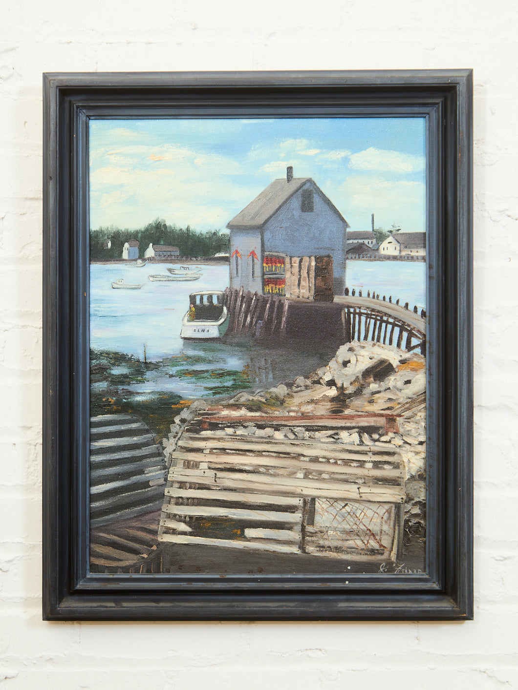 Coastal Dockside Painting with Boathouse and Fishing Boats