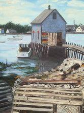 Load image into Gallery viewer, Coastal Dockside Painting with Boathouse and Fishing Boats
