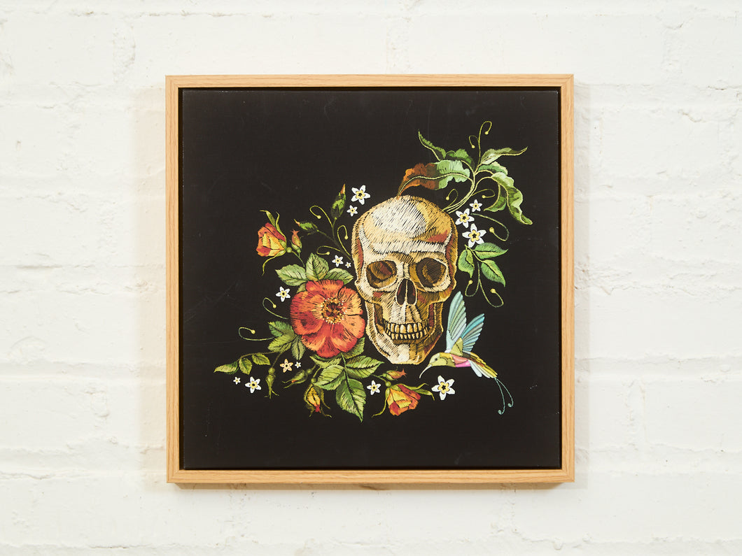 Skull and Hummingbird Botanical Still Life on Black
